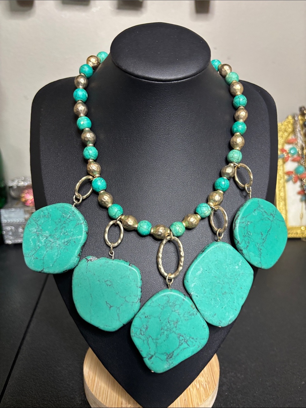 Chico’s Boho Western Turquoise Statement Beaded Necklace - Bold Green Stone